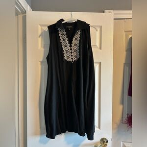 Banana republic Black linen Sleeveless swing Dress with White Embroidery